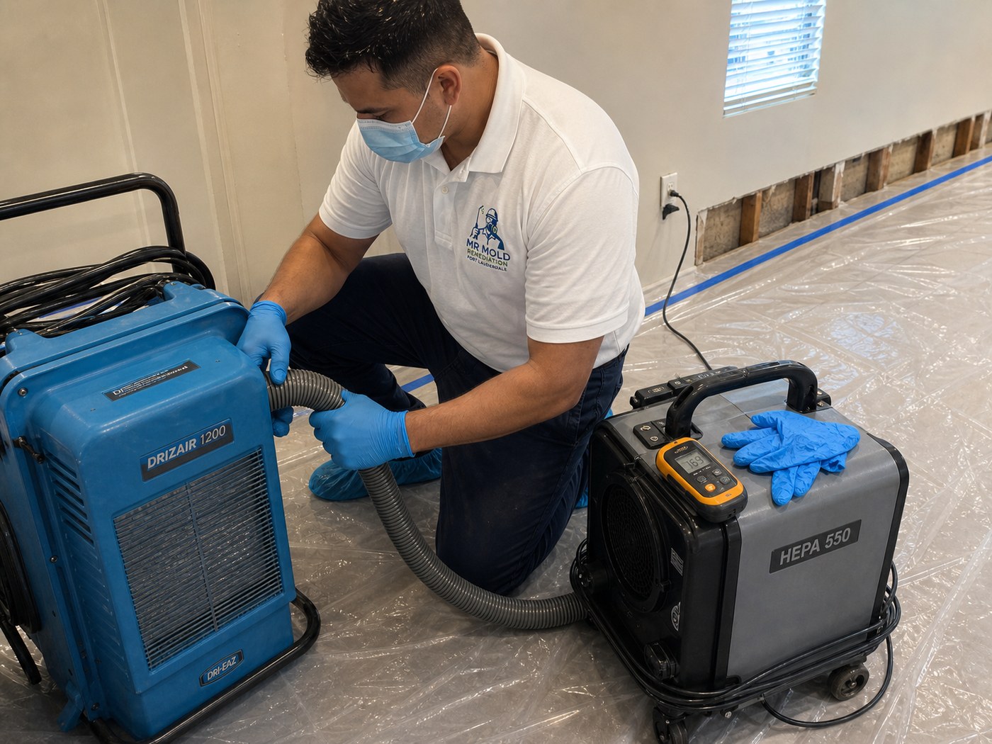 DriZair dehumidifier and HEPA air scrubber in operation during structural drying