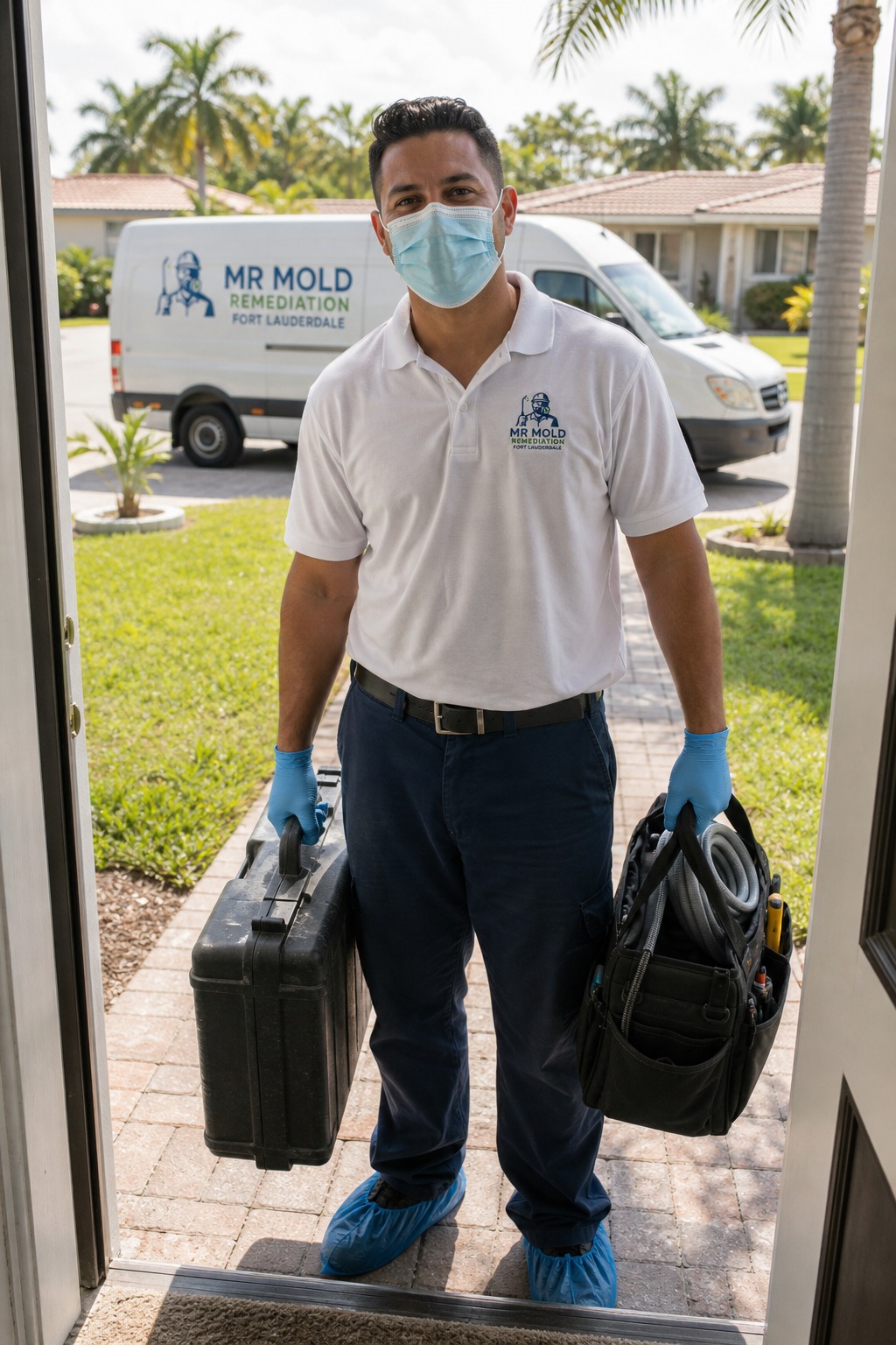 Mr Mold Remediation Fort Lauderdale technician arriving at a Broward County home with mold remediation equipment