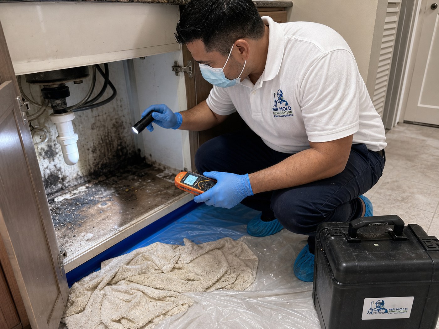 Mold removal in cabinetry crawl-space following an inspector's report