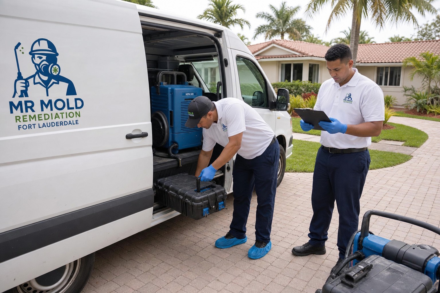 Mr Mold Remediation Fort Lauderdale crew loading equipment from the company van outside a Fort Lauderdale home
