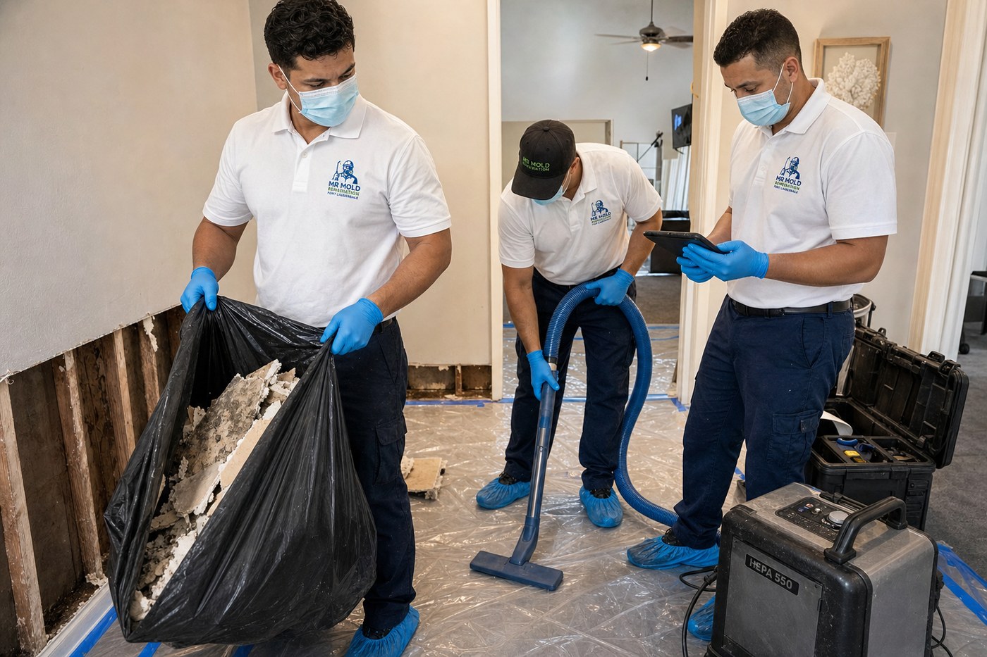 Mr Mold Remediation Fort Lauderdale crew removing mold-contaminated drywall and bagging debris